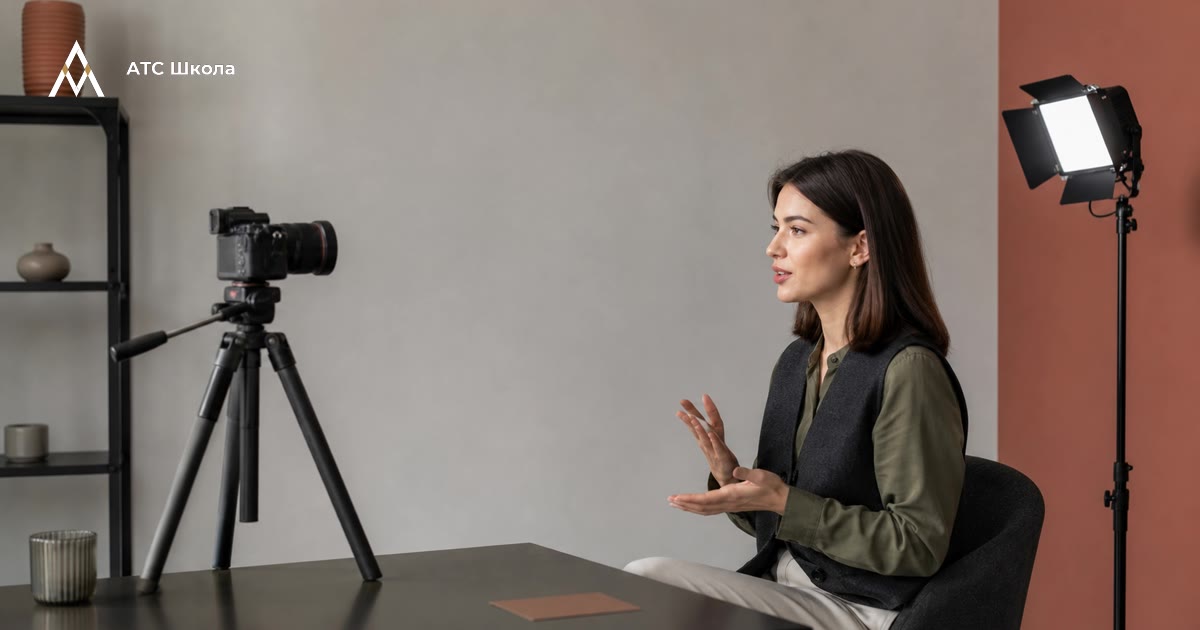 Реалистичная современная фотография без текста: девушка записывает полезное короткое видео в стильной светлой студии или современном городском пространстве, камера на уровне глаз,