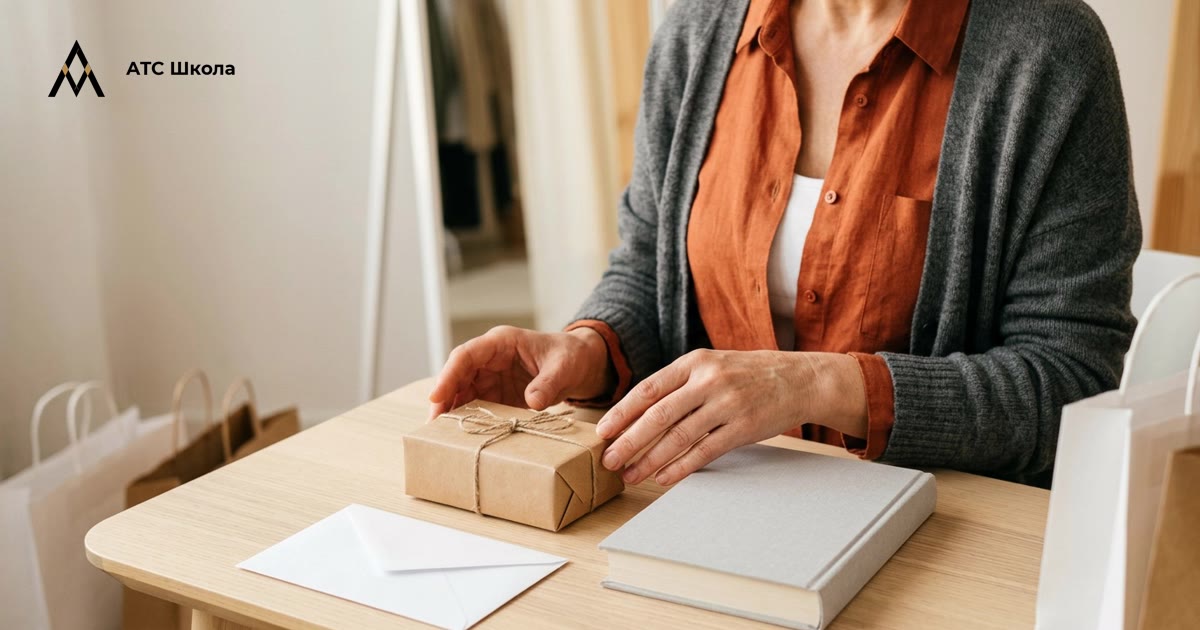 Одна горизонтальная фотореалистичная обложка: взрослая женщина бережно выбирает между небольшим подарком, книгой и конвертом за светлым столом, рядом простая упаковка, тёплый естес